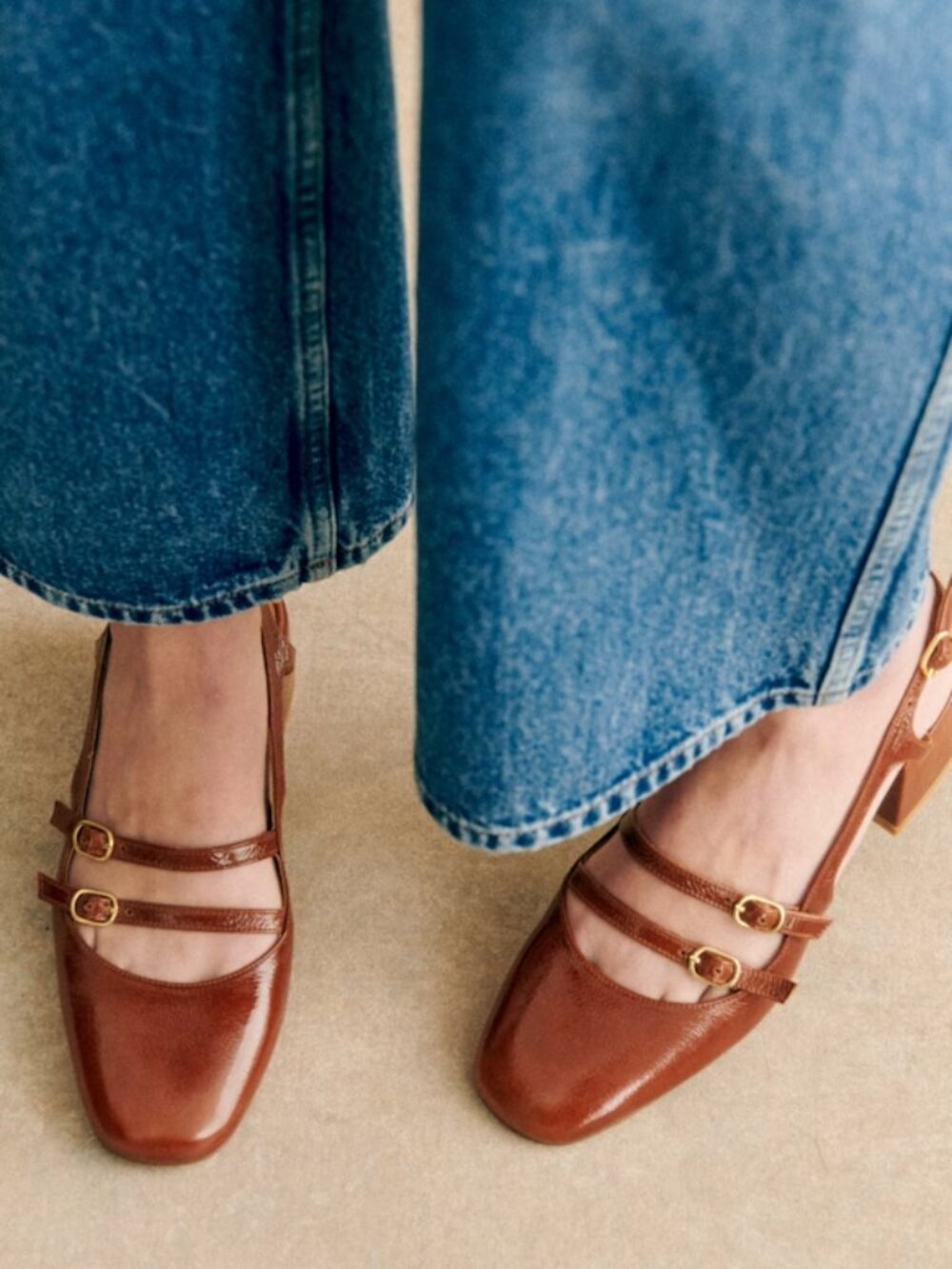 Sezane Paula Babies in Patent Camel New with Box